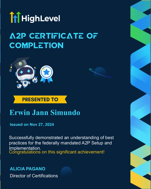 HighLevel A2P Certificate of Completion for Erwin Jann Simundo