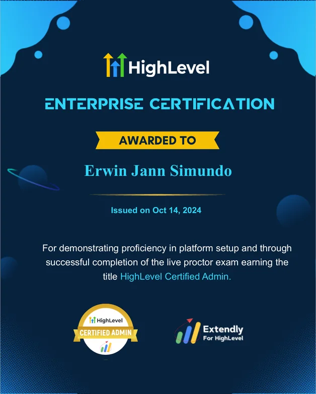 HighLevel Enterprise Certification awarded to Erwin Jann Simundo