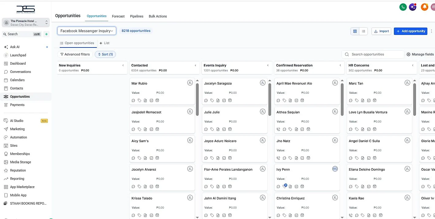 Hotel Facebook Messenger inquiry pipeline