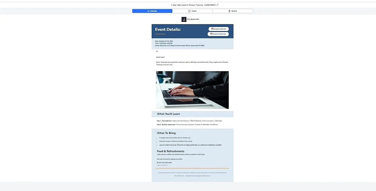 Training confirmed email
