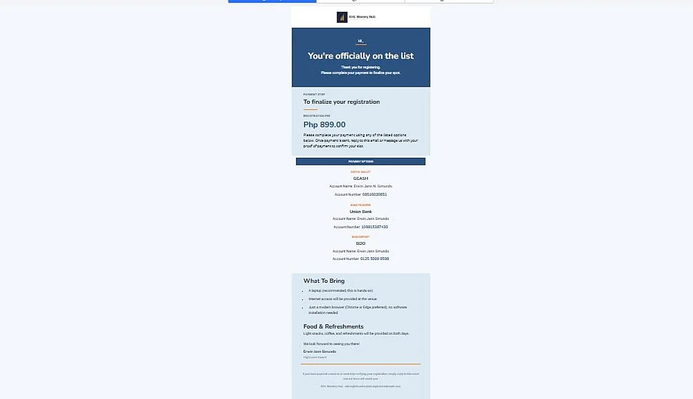 Training registration email
